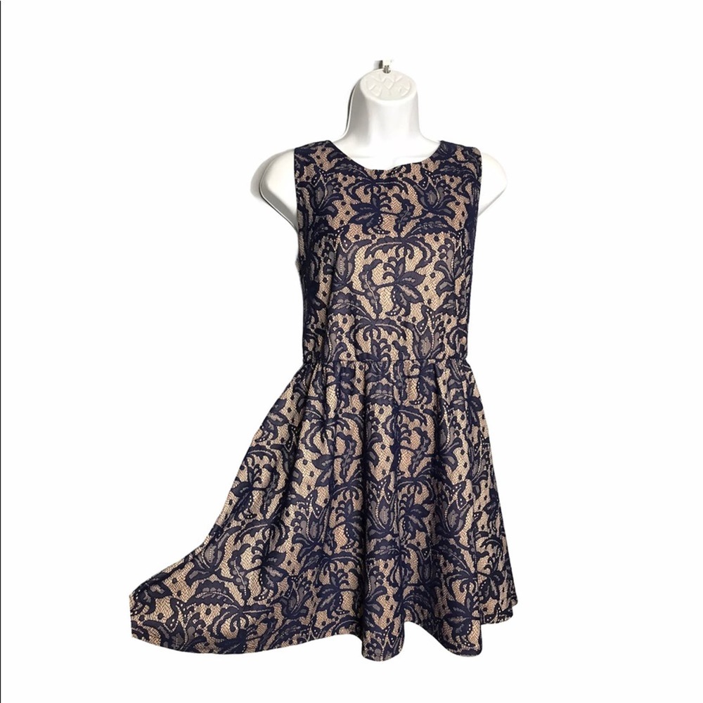 Three Hearts | Nude Dress w/ Blue Lace Overlay •
